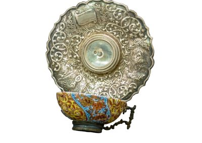 osmanlı II Abdülhamid mührü ve Osmanlı hanedan arması kabartmalı gümüş tabaklı ve kulplu tamamen mine işçilikli porseleni damgalı fincan33